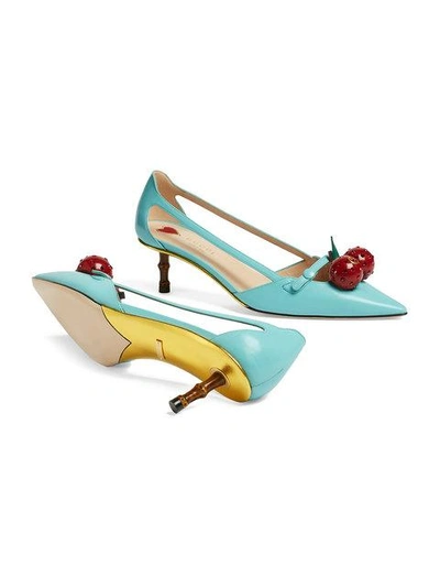 Shop Gucci Leather Cherry Pump In Blue