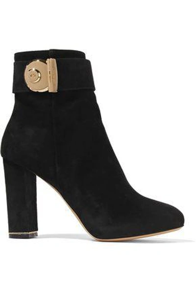 Shop Ferragamo Woman Embellished Suede Ankle Boots Black