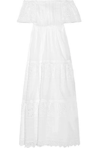 Shop Valentino Off-the-shoulder Broderie Anglaise Cotton-blend Maxi Dress In White