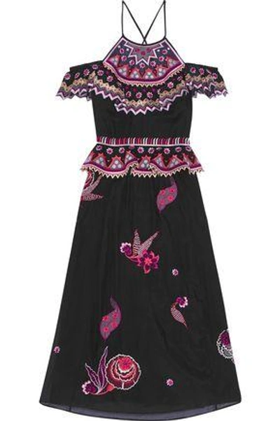 Shop Temperley London Woman Wildflower Cold-shoulder Embroidered Cotton And Silk-blend Midi Dress Black