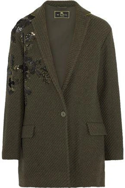 Shop Etro Woman Embellished Ribbed Wool-blend Jacket Army Green