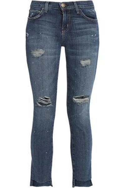 Shop Current Elliott Woman The Uneven Cut Distressed Mid-rise Skinny Jeans Mid Denim