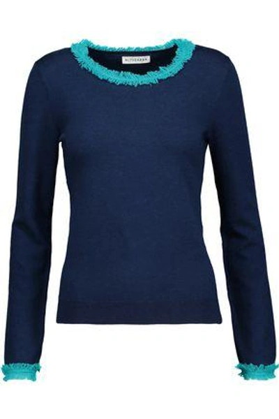 Shop Altuzarra Woman Jerome Fringed Wool-trimmed Stretch-knit Sweater Midnight Blue