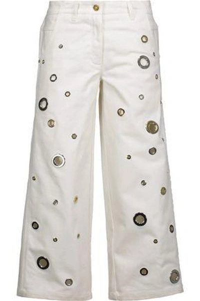 Shop Kenzo Woman Eyelet-embellished Denim Culottes White