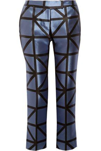 Shop Milly Woman Satin-jacquard Slim-leg Pants Azure