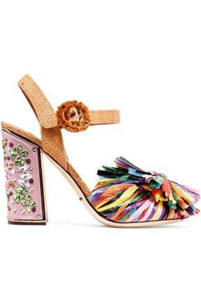 Shop Dolce & Gabbana Woman Crystal-embellished Raffia Sandals Pink