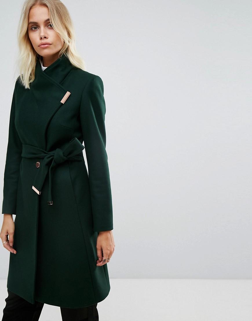 Ted Baker Long Wrap Coat With Collar - Green | ModeSens