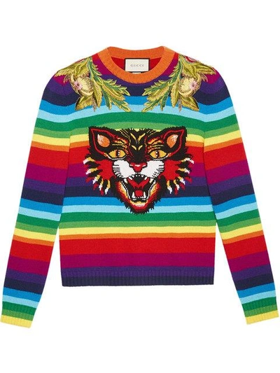 Shop Gucci Striped Wool Intarsia Sweater With Appliqués In Multicolour