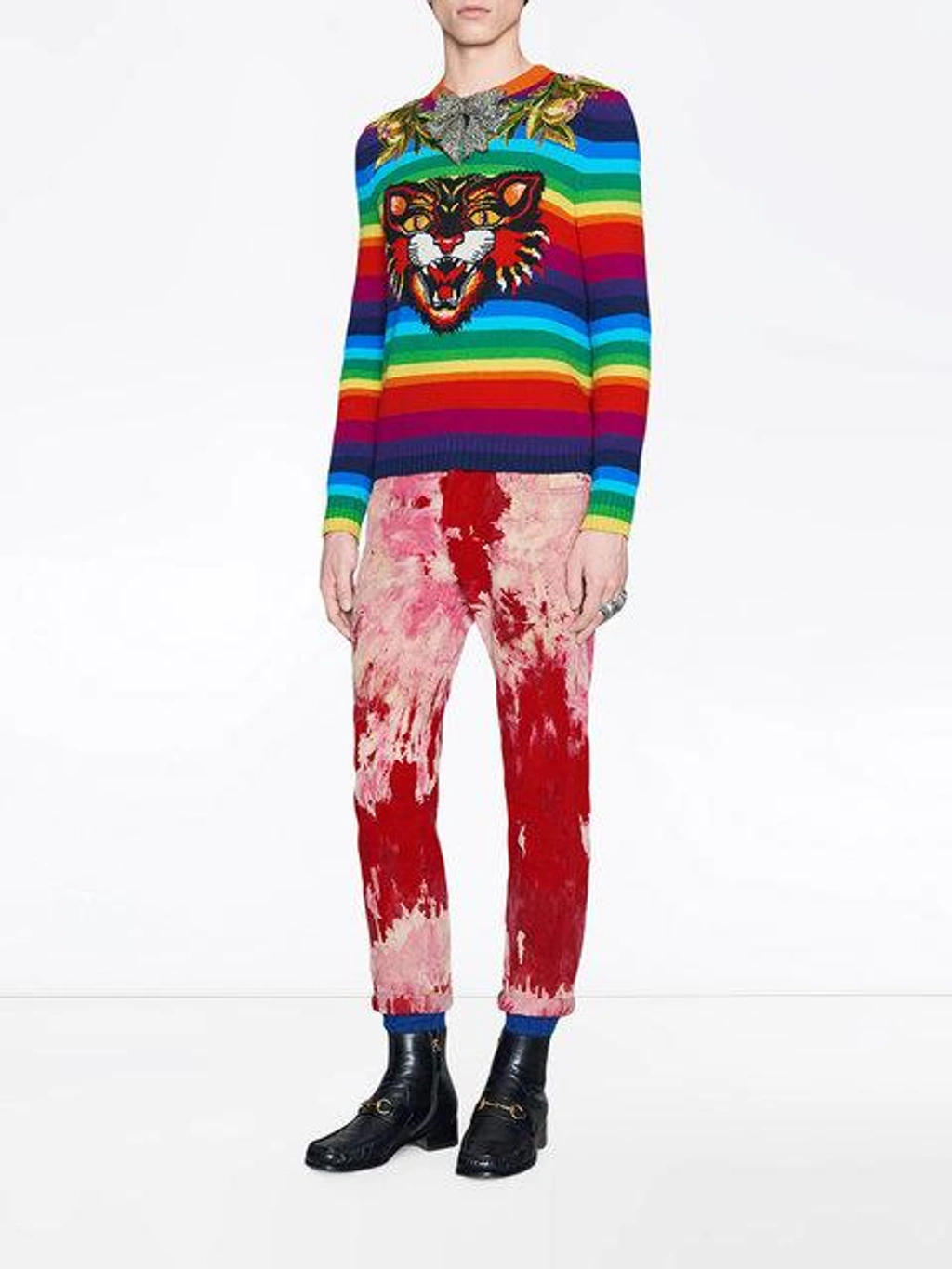 Striped wool intarsia sweater with appliqués discount