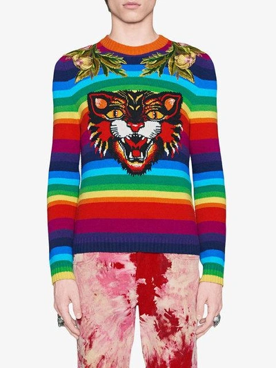 Shop Gucci Striped Wool Intarsia Sweater With Appliqués In Multicolour