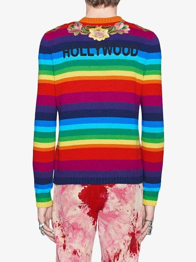 Shop Gucci Striped Wool Intarsia Sweater With Appliqués In Multicolour