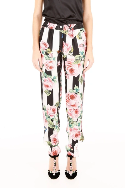 Shop Dolce & Gabbana Floral Print Pyjama Trousers In Rose-righe Bco-nerobianco