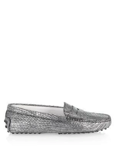 Shop Tod's Gommini Mocassino Leather Driving Loafers In Silver