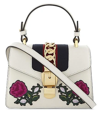 Shop Gucci Sylvie Leather Peony Appliqué Mini Shoulder Bag In White Pink