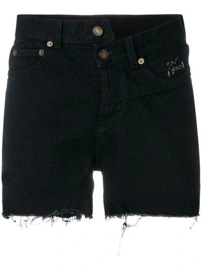 Shop Saint Laurent Asymmetric Denim Shorts In Black