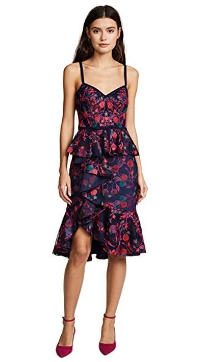Shop Marchesa Notte Embroidered Cocktail Dress In Navy