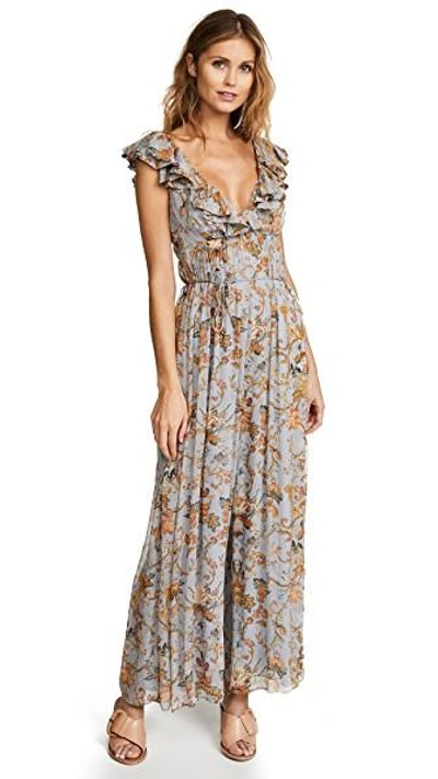 Shop Zimmermann Painted Heart Cascade Jumpsuit In Blue Grey Tapestry