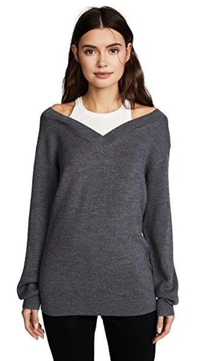 Shop Alexander Wang T Off The Shoulder Sweater With Inner Tank In Charcoal With White Combo