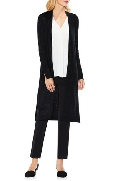 Shop Vince Camuto Speckled Open Front Maxi Cardigan In Rich Black