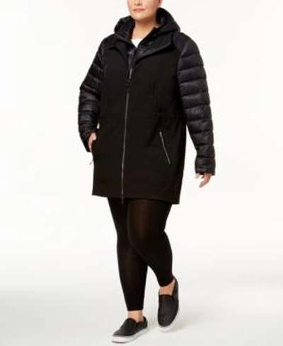 Shop Calvin Klein Performance Hooded Puffer-sleeve Soft-shell Jacket In Black