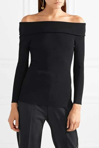 Shop Michael Kors Off-the-shoulder Ribbed-knit Sweater In Black