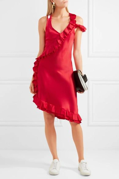 Shop Maggie Marilyn My Special Something Cold-shoulder Ruffled Silk-satin Midi Dress In Red