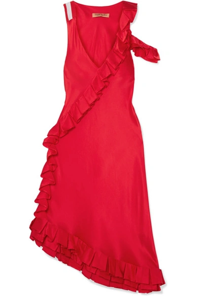 Shop Maggie Marilyn My Special Something Cold-shoulder Ruffled Silk-satin Midi Dress In Red