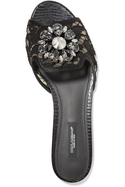Shop Dolce & Gabbana Embellished Corded Lace And Lizard-effect Leather Slides