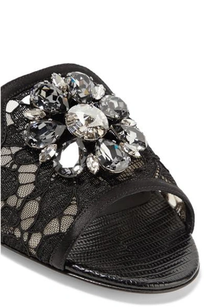 Shop Dolce & Gabbana Embellished Corded Lace And Lizard-effect Leather Slides