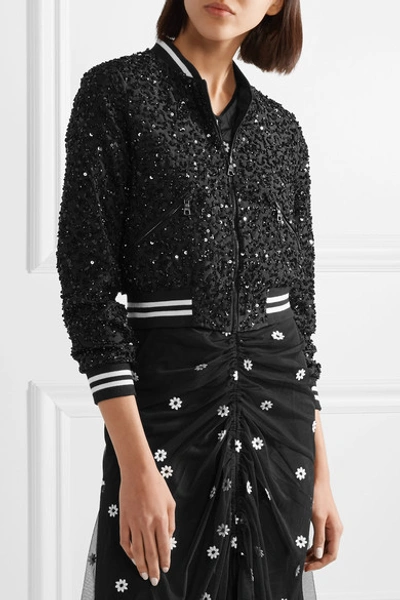 Shop Alice And Olivia Lonnie Embellished Silk-chiffon Bomber Jacket In Black