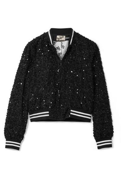 Shop Alice And Olivia Lonnie Embellished Silk-chiffon Bomber Jacket In Black