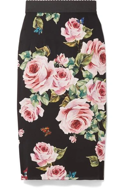 Shop Dolce & Gabbana Floral-print Stretch-silk Charmeuse Midi Skirt
