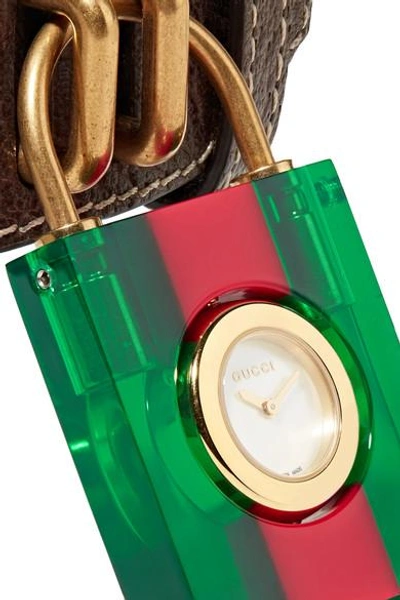 Shop Gucci Textured-leather, Plexiglas, Mother-of-pearl And Gold-plated Watch