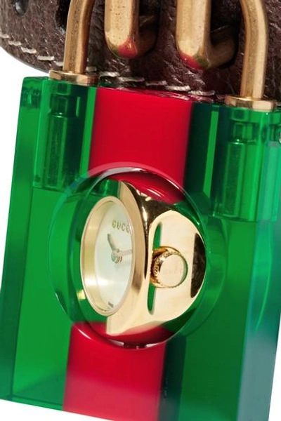 Shop Gucci Textured-leather, Plexiglas, Mother-of-pearl And Gold-plated Watch