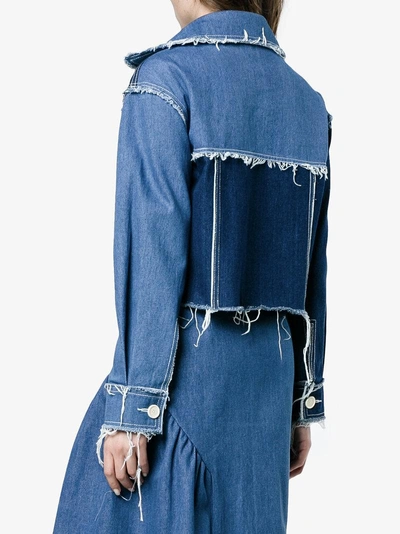 Shop Rejina Pyo Cropped Patchwork Denim Jacket With Raw Hems In Blue
