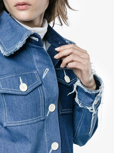 Shop Rejina Pyo Cropped Patchwork Denim Jacket With Raw Hems In Blue
