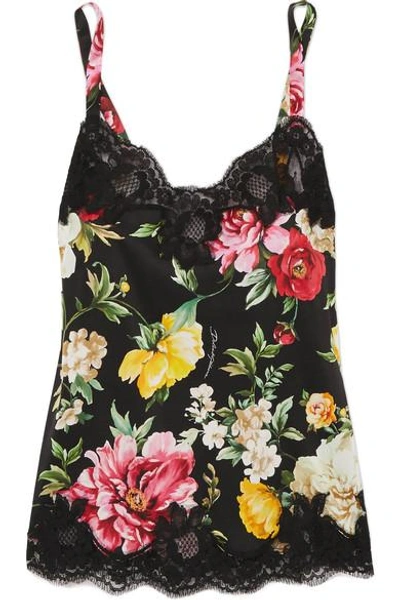 Shop Dolce & Gabbana Lace-trimmed Floral-print Silk-blend Satin Camisole In Black