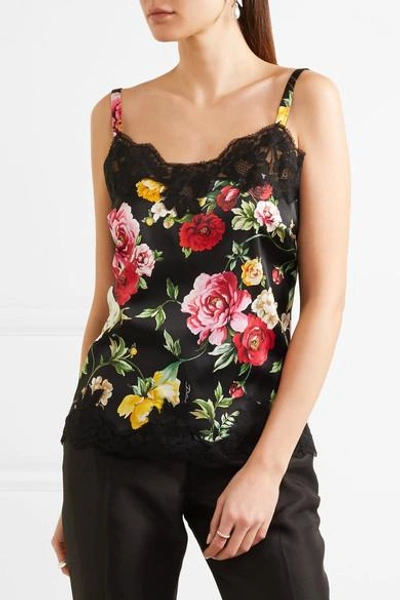 Shop Dolce & Gabbana Lace-trimmed Floral-print Silk-blend Satin Camisole In Black