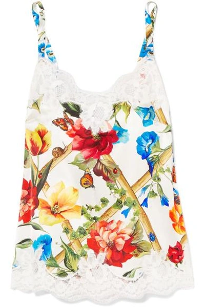 Shop Dolce & Gabbana Lace-trimmed Floral-print Silk-blend Satin Camisole In White