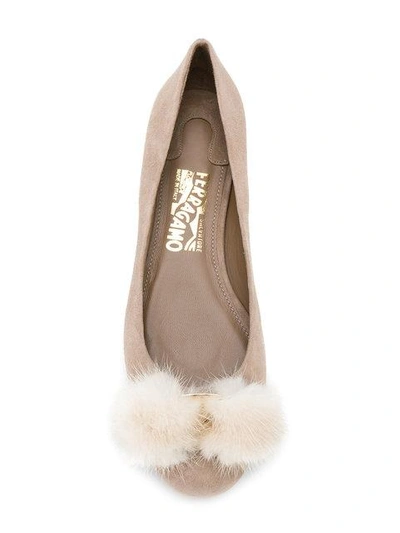 Shop Ferragamo Salvatore  Fur Pom Pom Ballerina Flats - Brown