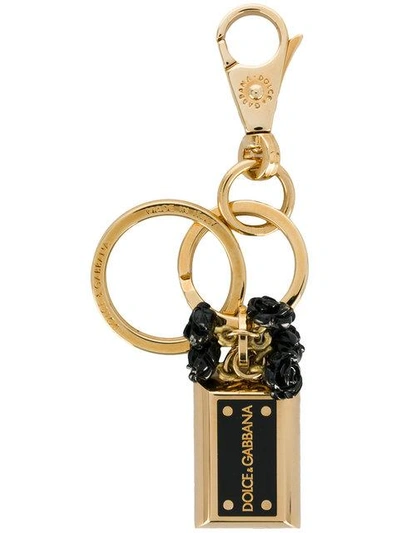 Shop Dolce & Gabbana Black Flowers Keyring In Metallic