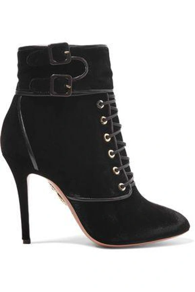 Shop Aquazzura Woman Elena Leather-trimmed Velvet Ankle Boots Black