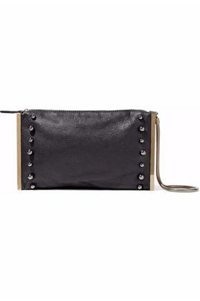 Shop Lanvin Woman Private Studded Textured-leather Clutch Black