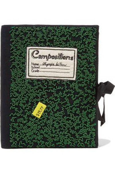 Shop Olympia Le-tan Woman Notebook Felt-appliquéd Beaded Cotton-faille Clutch Green