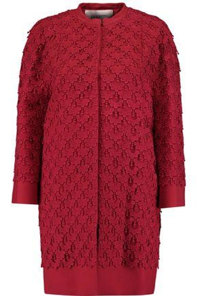 Shop Valentino Guipure Lace And Twill Coat In Claret