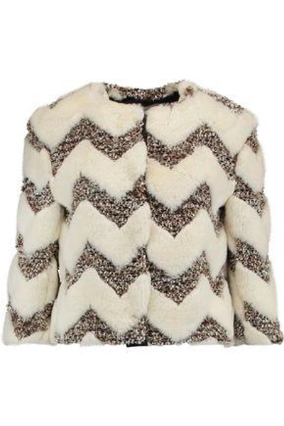 Shop Ainea Woman Cropped Faux Fur And Metallic Bouclé Jacket Ecru