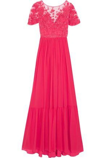 Shop Zuhair Murad Woman Embellished Embroidered Tulle And Pleated Silk-blend Georgette Gown Pink