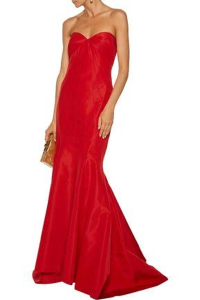 Shop Zac Posen Woman Strapless Fluted Silk-faille Gown Red