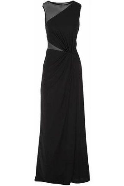 Shop Halston Heritage Halston Woman Stretch Mesh-paneled Crepe Gown Black