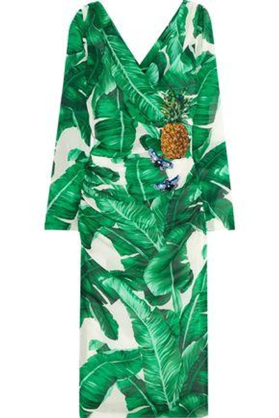 Shop Dolce & Gabbana Wrap-effect Embellished Printed Stretch-silk Midi Dress In Green